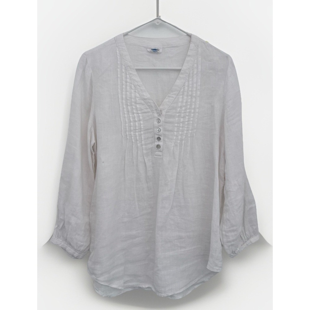 SIGRID OLSEN Blouse Women's M White V-Neck 100% Linen L/Sleeve Comfy/Beachy/Pool